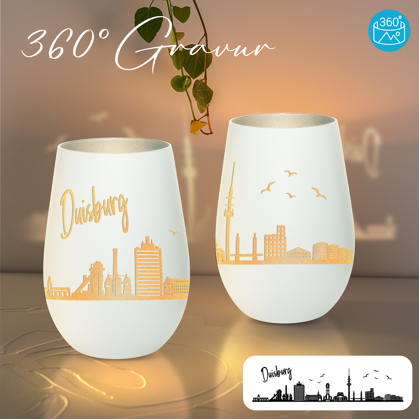 Hochwertiges Glas Windlicht mit Gravur "SKYLINE DUISBURG" in der Farbe Weiß/Silber