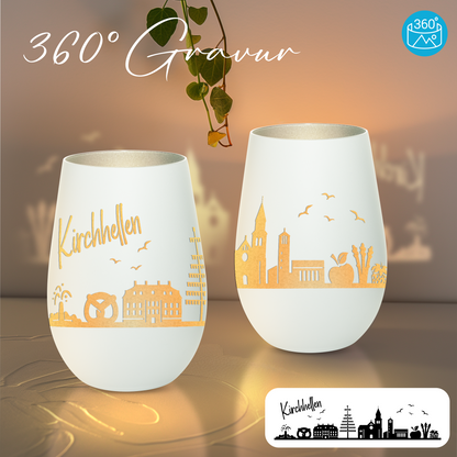 Hochwertiges Glas Windlicht mit Gravur "SKYLINE KIRCHHELLEN" in der Farbe Weiß/Silber
