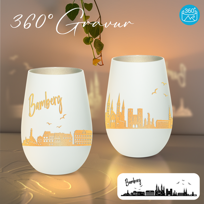 Hochwertiges Glas Windlicht mit Gravur "SKYLINE BAMBERG" in der Farbe Weiß/Silber