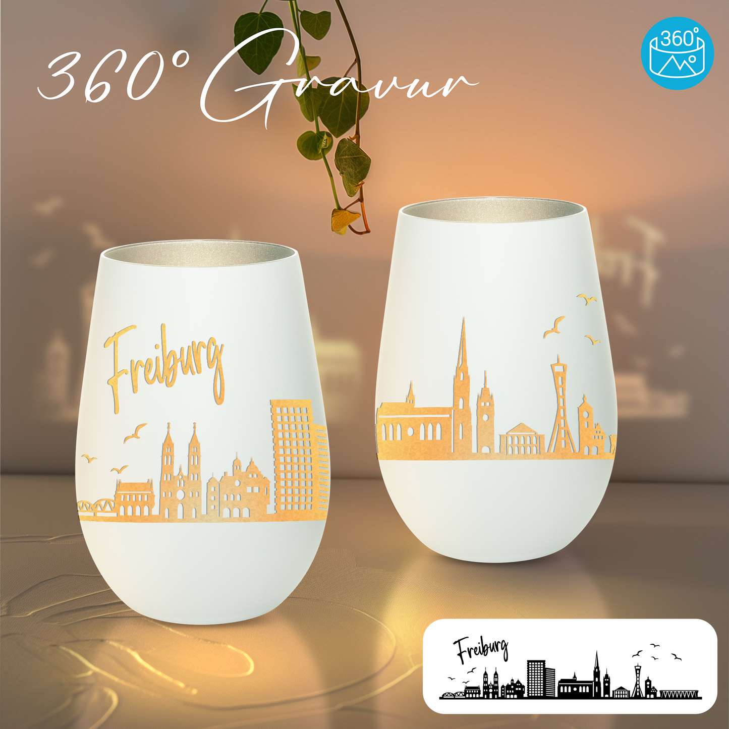 Hochwertiges Glas Windlicht mit Gravur "SKYLINE FREIBURG" in der Farbe Weiß/Silber