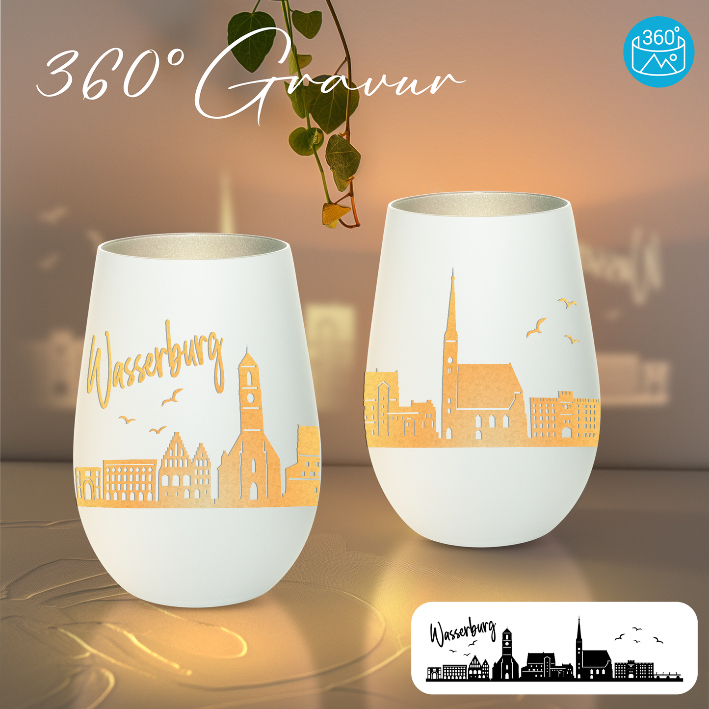 Hochwertiges Glas Windlicht mit Gravur "SKYLINE WASSERBURG" in der Farbe Weiß/Silber