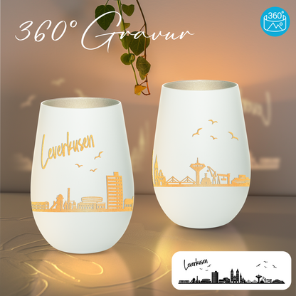 Hochwertiges Glas Windlicht mit Gravur "SKYLINE LEVERKUSEN" in der Farbe Weiß/Silber