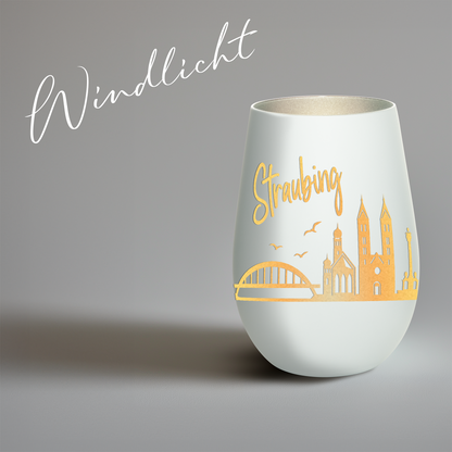 Hochwertiges Glas Windlicht mit Gravur "SKYLINE STRAUBING" in der Farbe Weiß/Silber