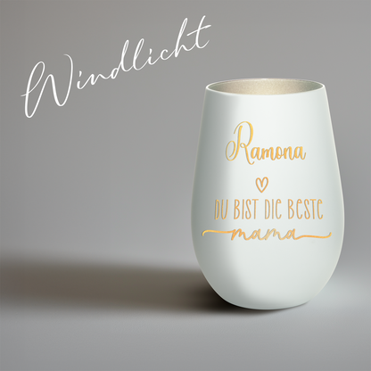 Hochwertiges Glas Windlicht mit Gravur "DIE BESTE MAMA" mit Wunschname in der Farbe Weiß/Silber