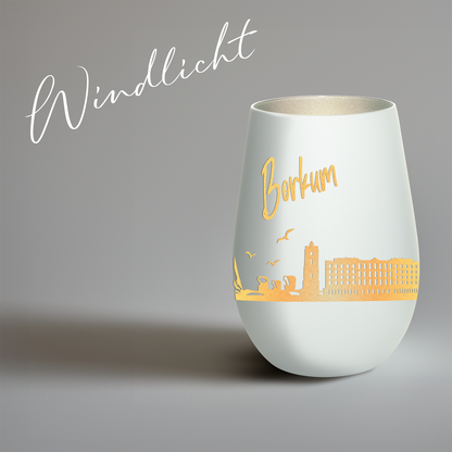 Hochwertiges Glas Windlicht mit Gravur "SKYLINE BORKUM" in der Farbe Weiß/Silber