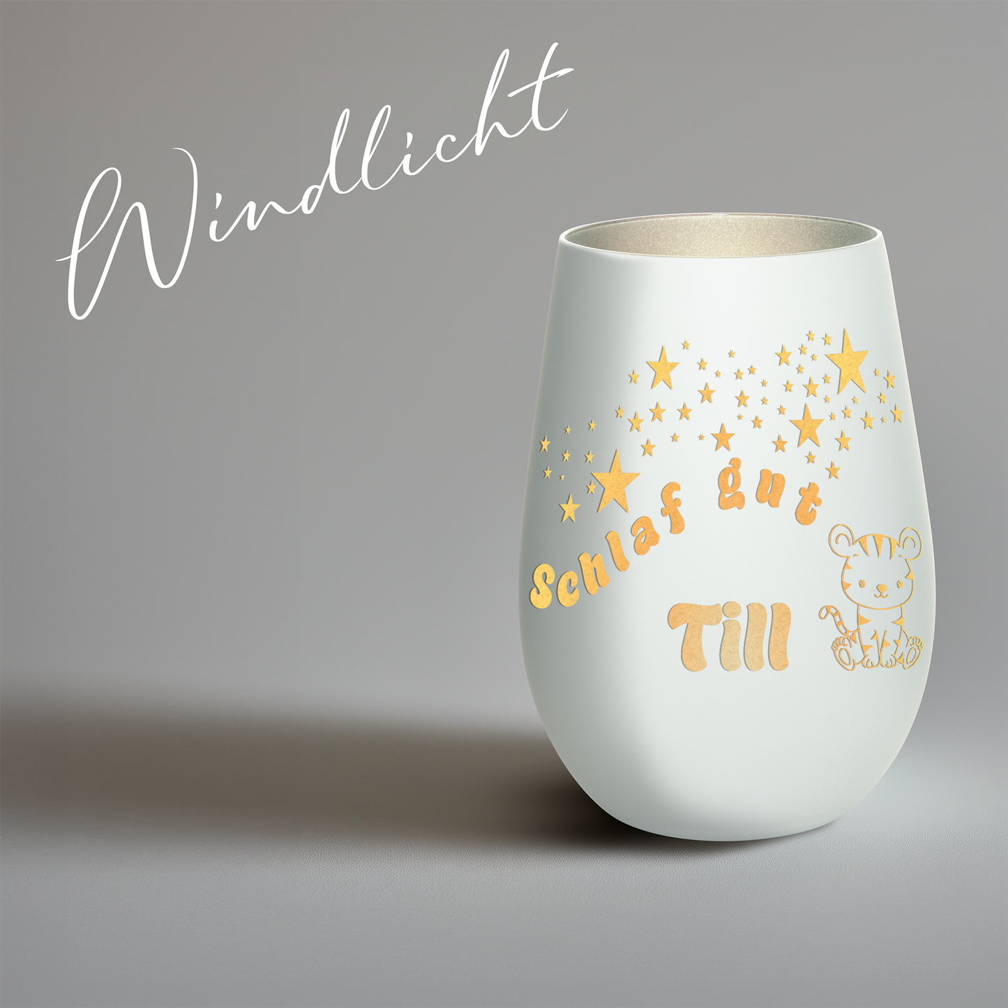 Hochwertiges Glas Windlicht für Kinder mit Gravur "SCHLAF GUT" Motiv Tiger mit Wunschname in der Farbe Weiß/Silber
