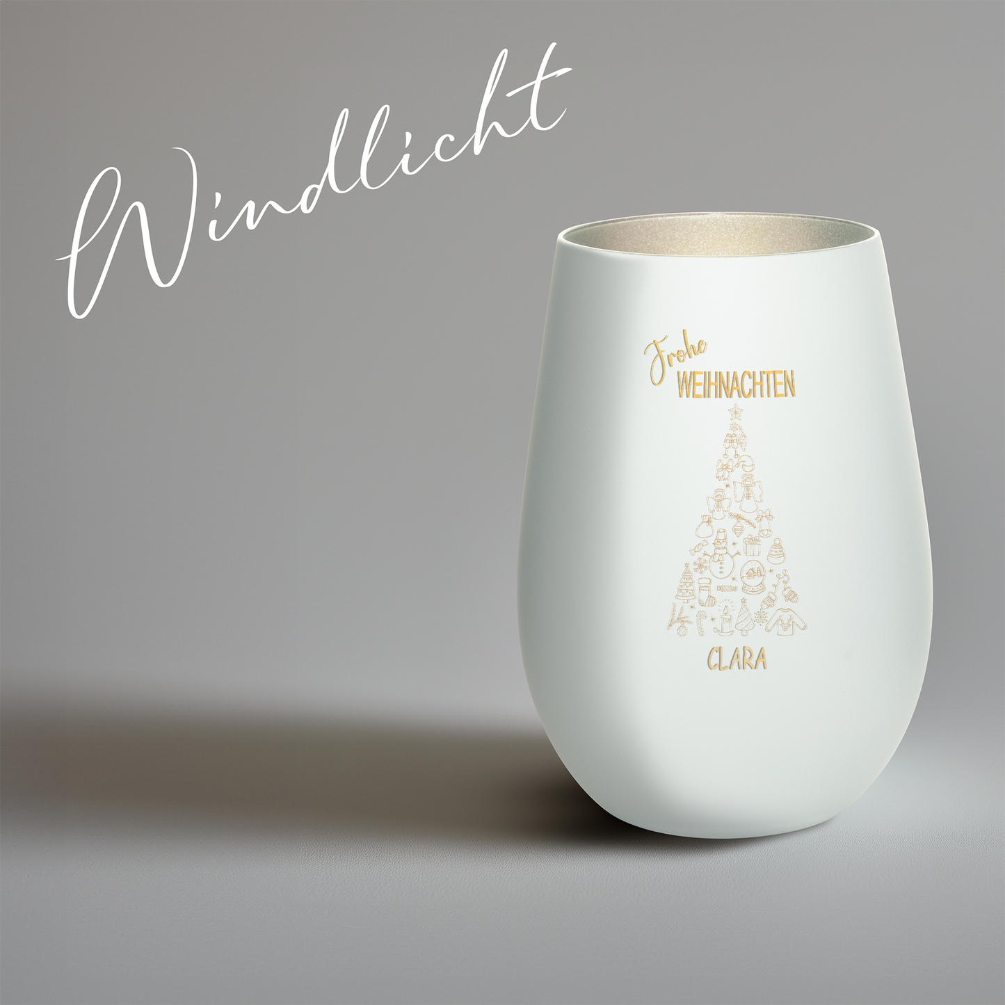 Hochwertiges Glas Windlicht mit Gravur "FROHE WEIHNACHTEN" mit Wunschname in der Farbe Weiß/Silber