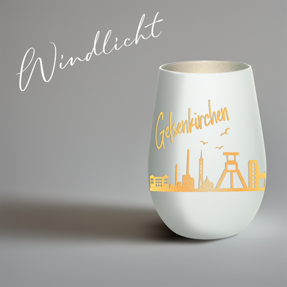 Hochwertiges Glas Windlicht mit Gravur "SKYLINE GELSENKIRCHEN" in der Farbe Weiß/Silber