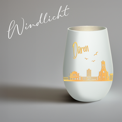 Hochwertiges Glas Windlicht mit Gravur "SKYLINE DÜREN" in der Farbe Weiß/Silber