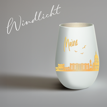 Hochwertiges Glas Windlicht mit Gravur "SKYLINE MAINZ" in der Farbe Weiß/Silber