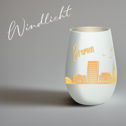 Hochwertiges Glas Windlicht mit Gravur "SKYLINE BREMEN" in der Farbe Weiß/Silber