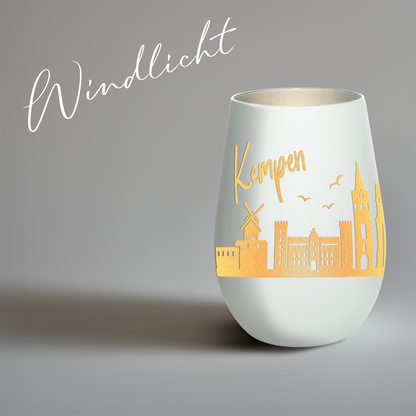 Hochwertiges Glas Windlicht mit Gravur "SKYLINE KEMPEN" in der Farbe Weiß/Silber