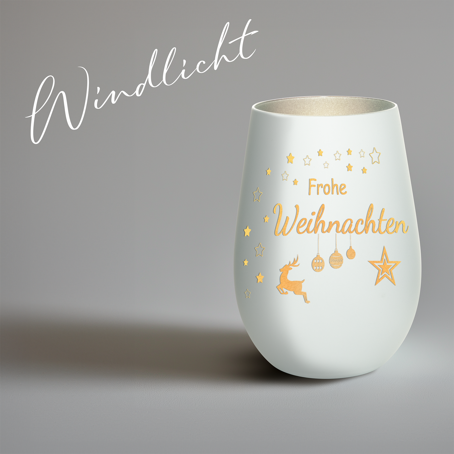 Hochwertiges Glas Windlicht mit Gravur "FROHE WEIHNACHTEN" in der Farbe Weiß/Silber