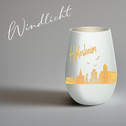 Hochwertiges Glas Windlicht mit Gravur "SKYLINE HILDESHEIM" in der Farbe Weiß/Silber