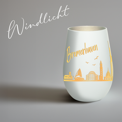 Hochwertiges Glas Windlicht mit Gravur "SKYLINE BREMERHAVEN" in der Farbe Weiß/Silber