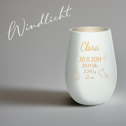 Hochwertiges Glas Windlicht mit Gravur "ZUR GEBURT" mit Wunschname und Datum in der Farbe Weiß/Silber