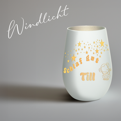 Hochwertiges Glas Windlicht für Kinder mit Gravur "SCHLAF GUT" Motiv Affe mit Wunschname in der Farbe Weiß/Silber