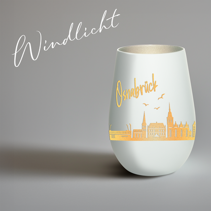 Hochwertiges Glas Windlicht mit Gravur "SKYLINE OSNABRÜCK" in der Farbe Weiß/Silber