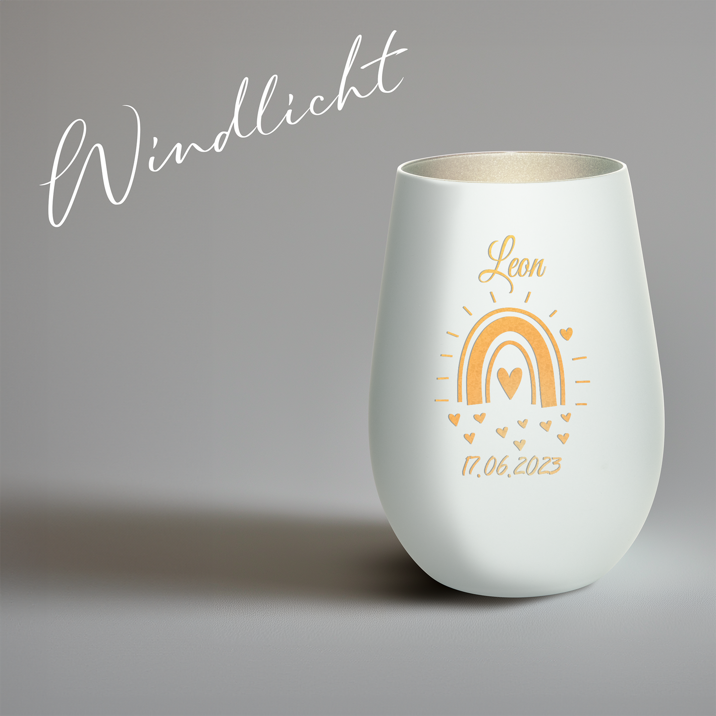 Hochwertiges Glas Windlicht mit Gravur "GEBURT MIT REGENBOGEN" mit Wunschname und Datum in der Farbe Weiß/Silber