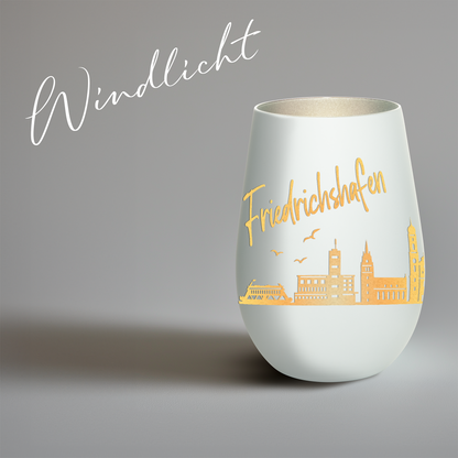 Hochwertiges Glas Windlicht mit Gravur "SKYLINE FRIEDRICHSHAFEN" in der Farbe Weiß/Silber