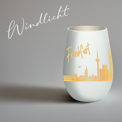Hochwertiges Glas Windlicht mit Gravur "SKYLINE FRANKFURT" in der Farbe Weiß/Silber