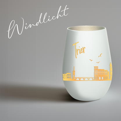 Hochwertiges Glas Windlicht mit Gravur "SKYLINE TRIER" in der Farbe Weiß/Silber