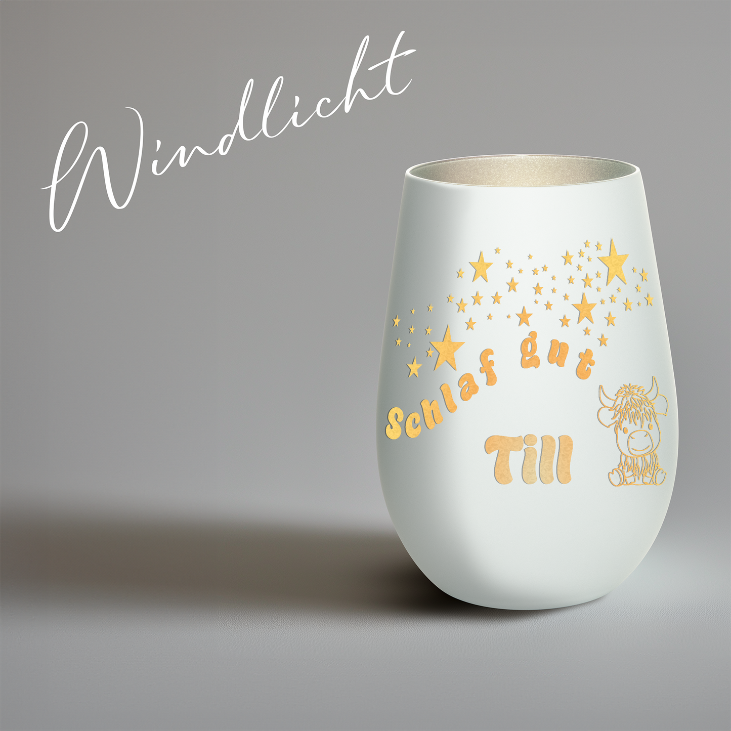 Hochwertiges Glas Windlicht für Kinder mit Gravur "SCHLAF GUT" Motiv Bison mit Wunschname in der Farbe Weiß/Silber