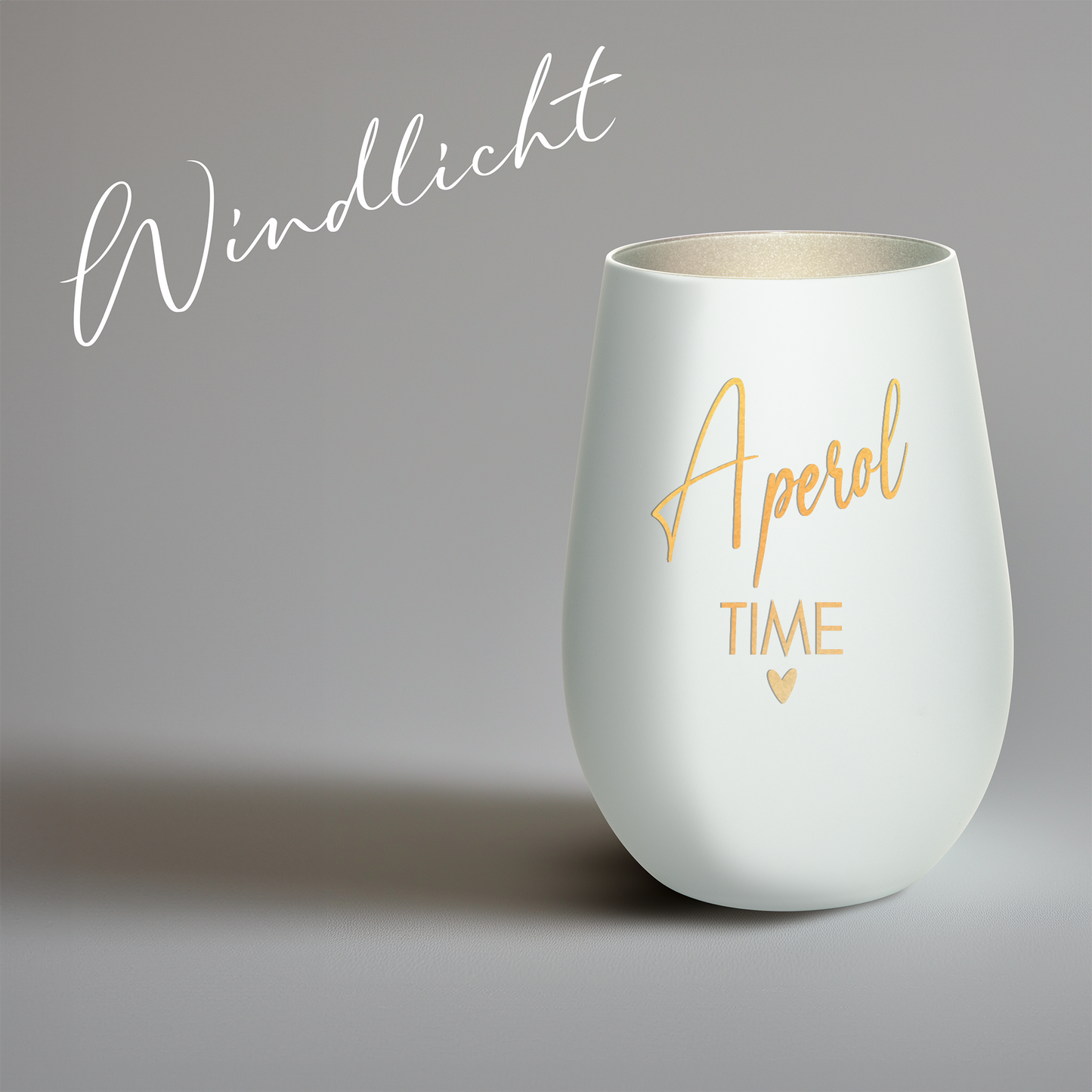 Hochwertiges Glas Windlicht mit Gravur "APEROL TIME" in der Farbe Weiß/Silber