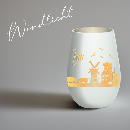 Hochwertiges Glas Windlicht mit Gravur "SKYLINE ZONS (DORMAGEN)" in der Farbe Weiß/Silber