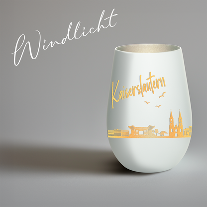 Hochwertiges Glas Windlicht mit Gravur "SKYLINE KAISERSLAUTERN" in der Farbe Weiß/Silber