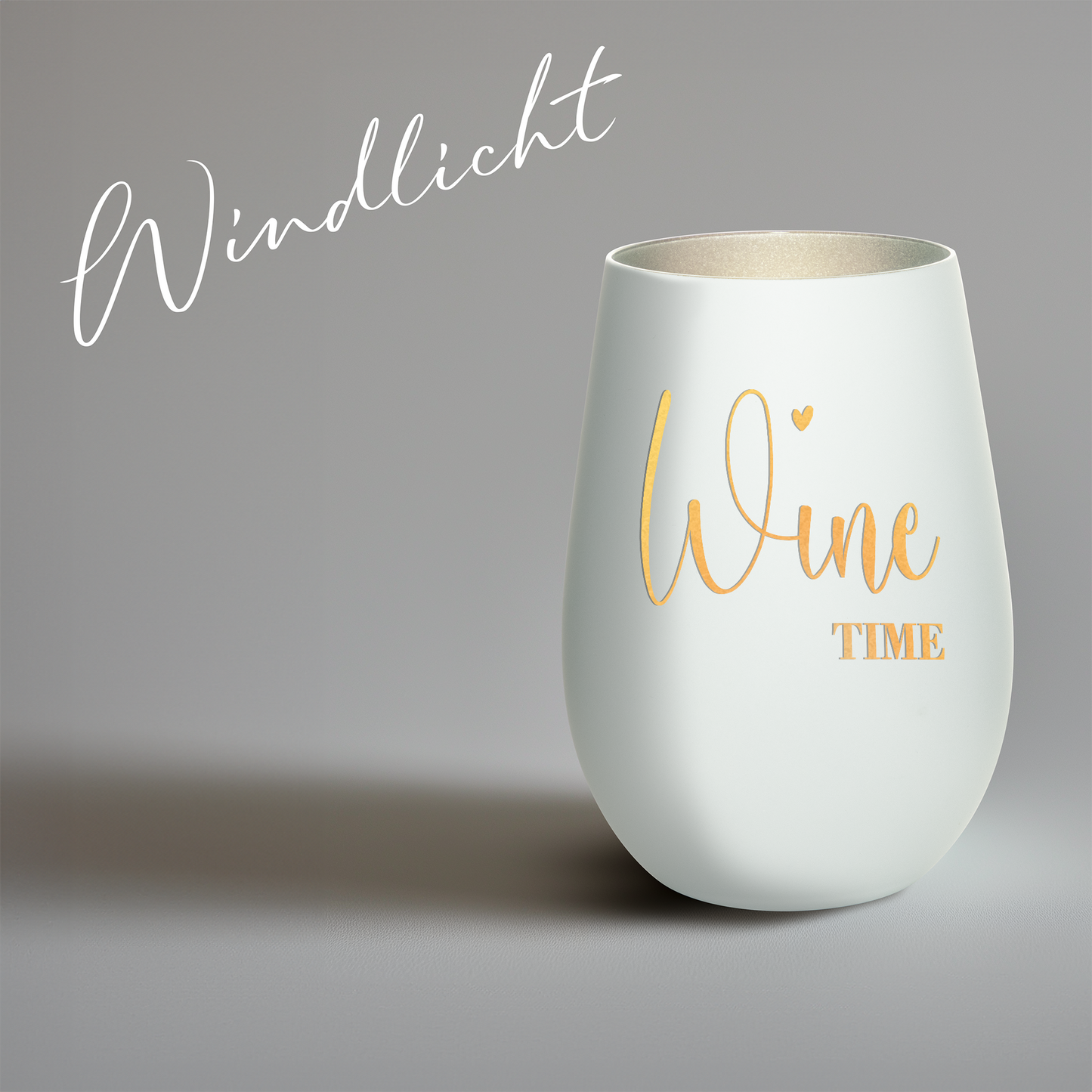 Hochwertiges Glas Windlicht mit Gravur "WINE TIME" in der Farbe Weiß/Silber