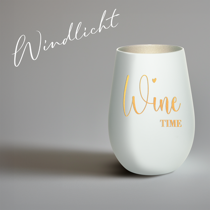 Hochwertiges Glas Windlicht mit Gravur "WINE TIME" in der Farbe Weiß/Silber