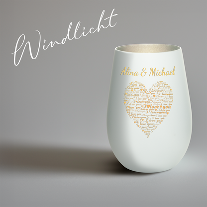 Hochwertiges Glas Windlicht mit Gravur "I LOVE YOU" mit Wunschnamen in der Farbe Weiß/Silber