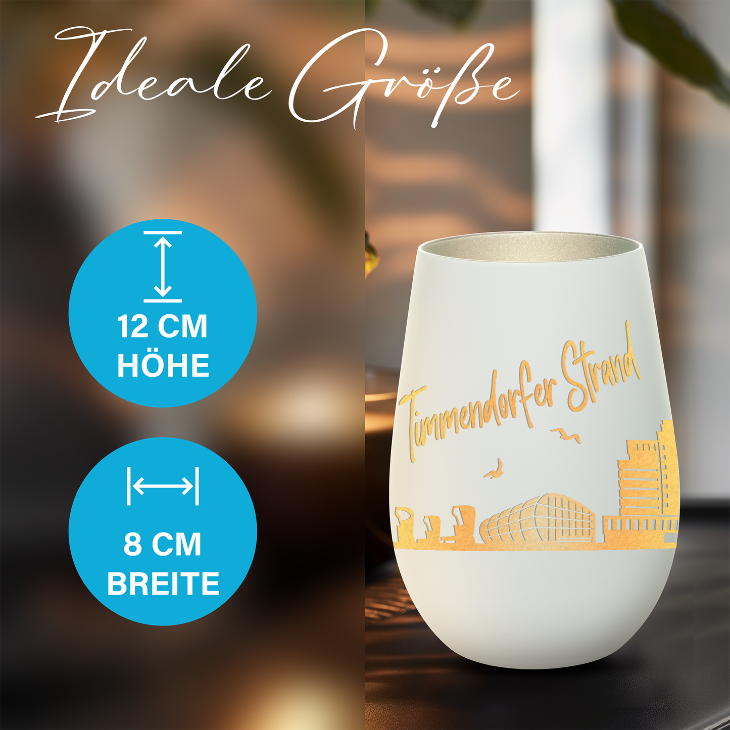 Hochwertiges Glas Windlicht mit Gravur "SKYLINE TIMMENDORFER STRAND" in der Farbe Weiß/Silber