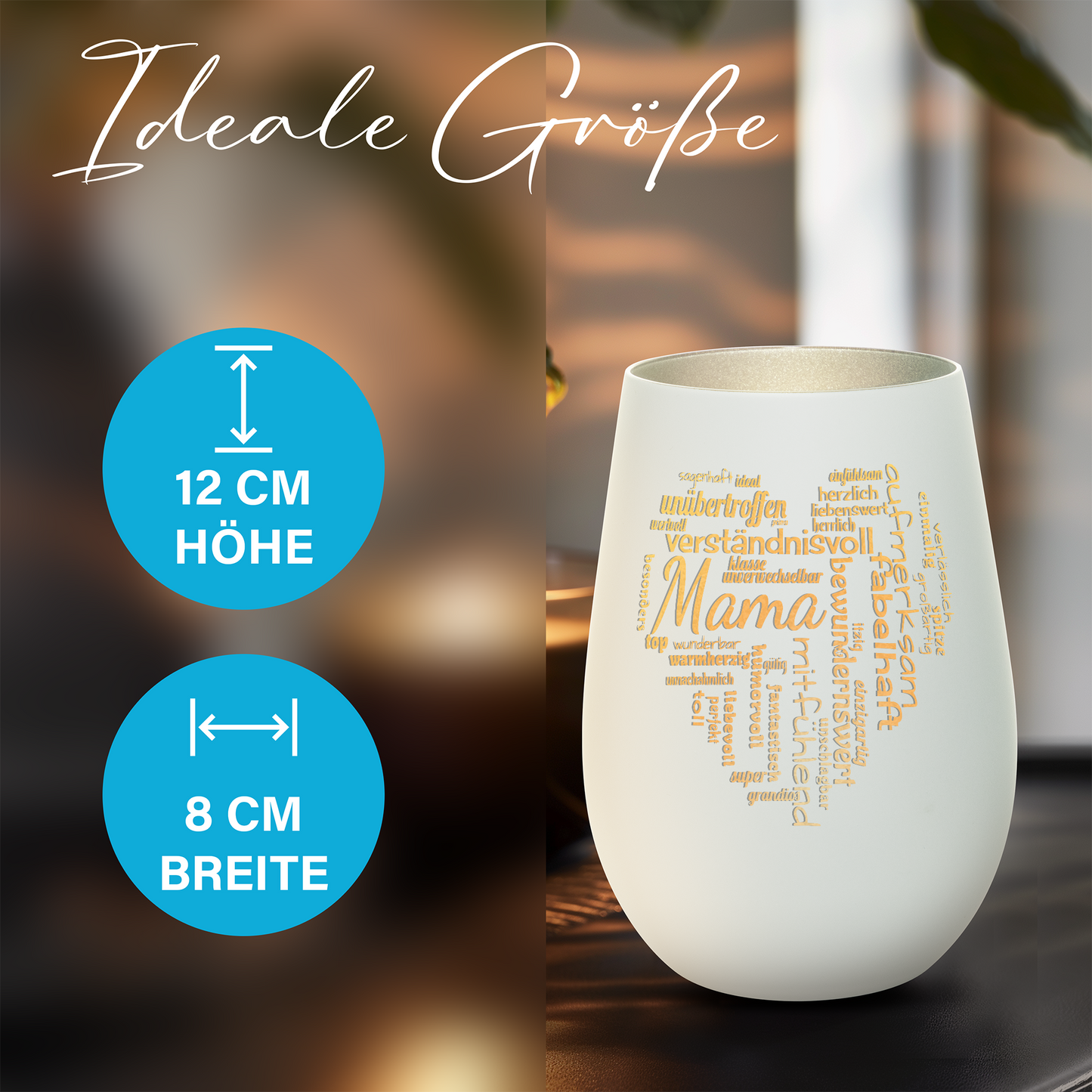 Hochwertiges Glas Windlicht mit Gravur "MAMA GROßES HERZ" in der Farbe Weiß/Silber