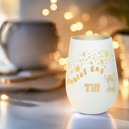 Hochwertiges Glas Windlicht für Kinder mit Gravur "SCHLAF GUT" Motiv Bison mit Wunschname in der Farbe Weiß/Silber