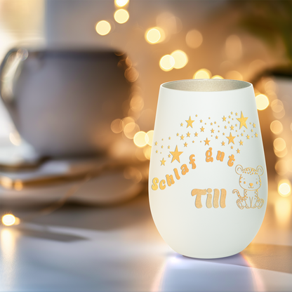 Hochwertiges Glas Windlicht für Kinder mit Gravur "SCHLAF GUT" Motiv Leopard mit Wunschname in der Farbe Weiß/Silber