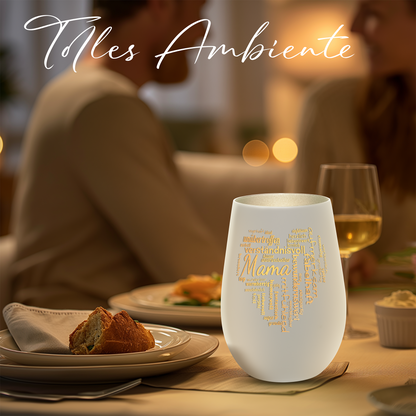Hochwertiges Glas Windlicht mit Gravur "MAMA GROßES HERZ" in der Farbe Weiß/Silber