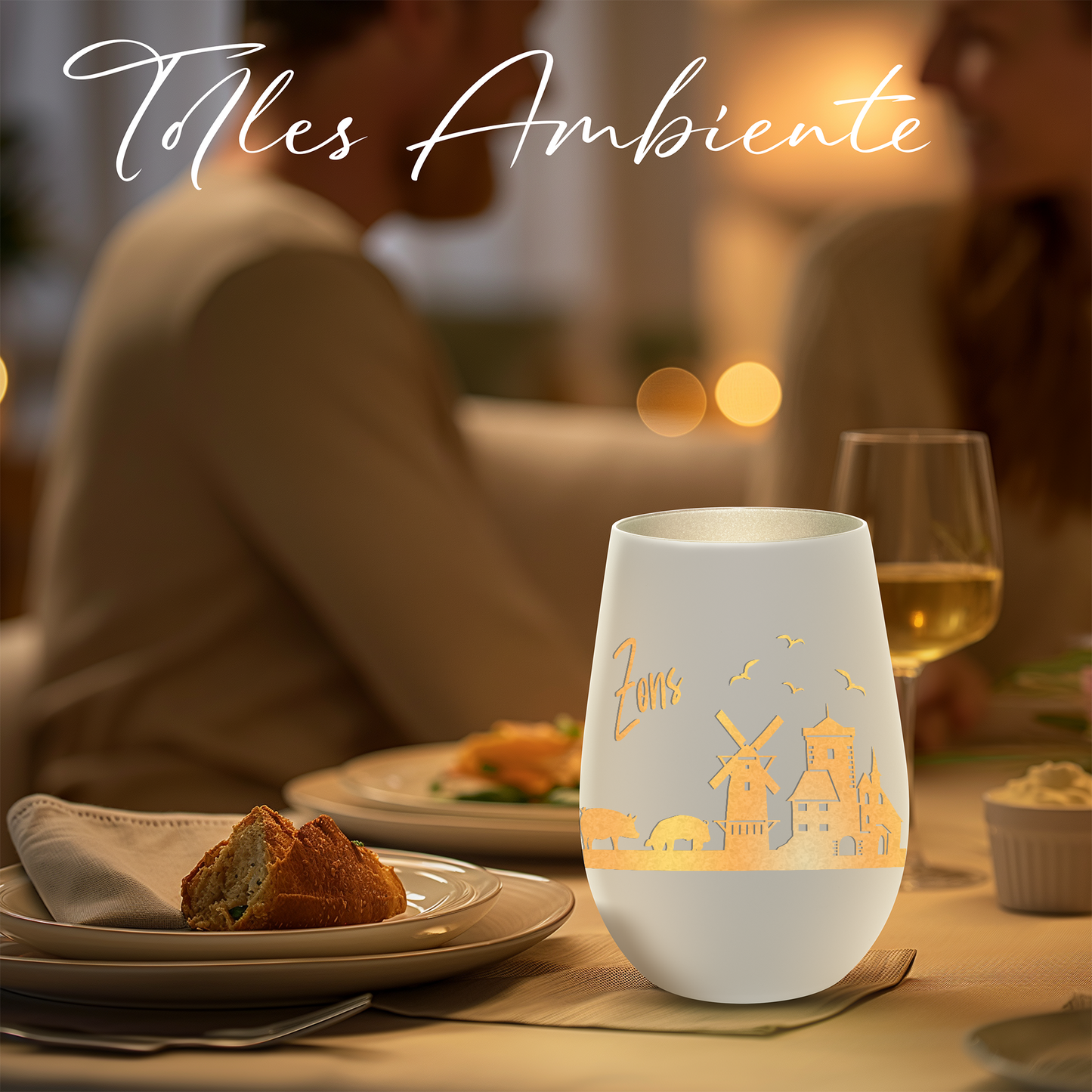 Hochwertiges Glas Windlicht mit Gravur "SKYLINE ZONS (DORMAGEN)" in der Farbe Weiß/Silber