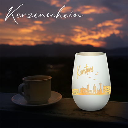 Hochwertiges Glas Windlicht mit Gravur "SKYLINE KONSTANZ" in der Farbe Weiß/Silber