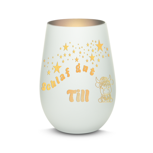 Hochwertiges Glas Windlicht für Kinder mit Gravur "SCHLAF GUT" Motiv Bison mit Wunschname in der Farbe Weiß/Silber