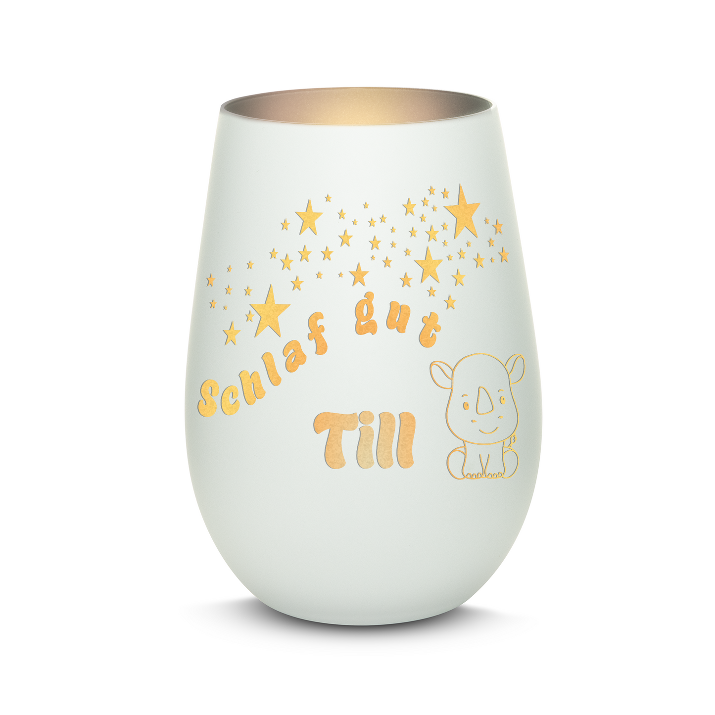 Hochwertiges Glas Windlicht für Kinder mit Gravur "SCHLAF GUT" Motiv Nashorn mit Wunschname in der Farbe Weiß/Silber