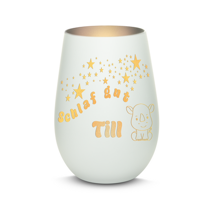 Hochwertiges Glas Windlicht für Kinder mit Gravur "SCHLAF GUT" Motiv Nashorn mit Wunschname in der Farbe Weiß/Silber