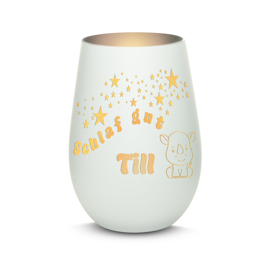 Hochwertiges Glas Windlicht für Kinder mit Gravur "SCHLAF GUT" Motiv Nashorn mit Wunschname in der Farbe Weiß/Silber