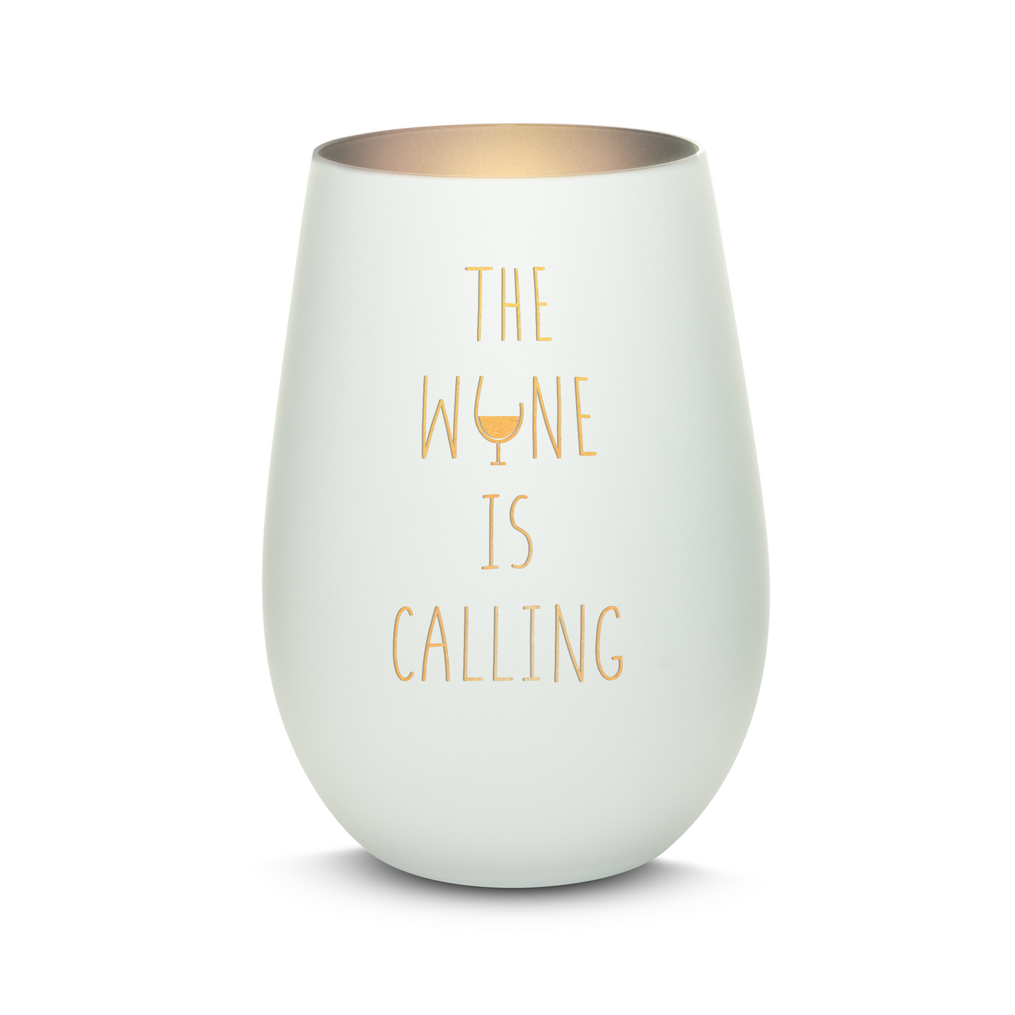 Hochwertiges Glas Windlicht mit Gravur "THE WINE IS CALLING" in der Farbe Weiß/Silber