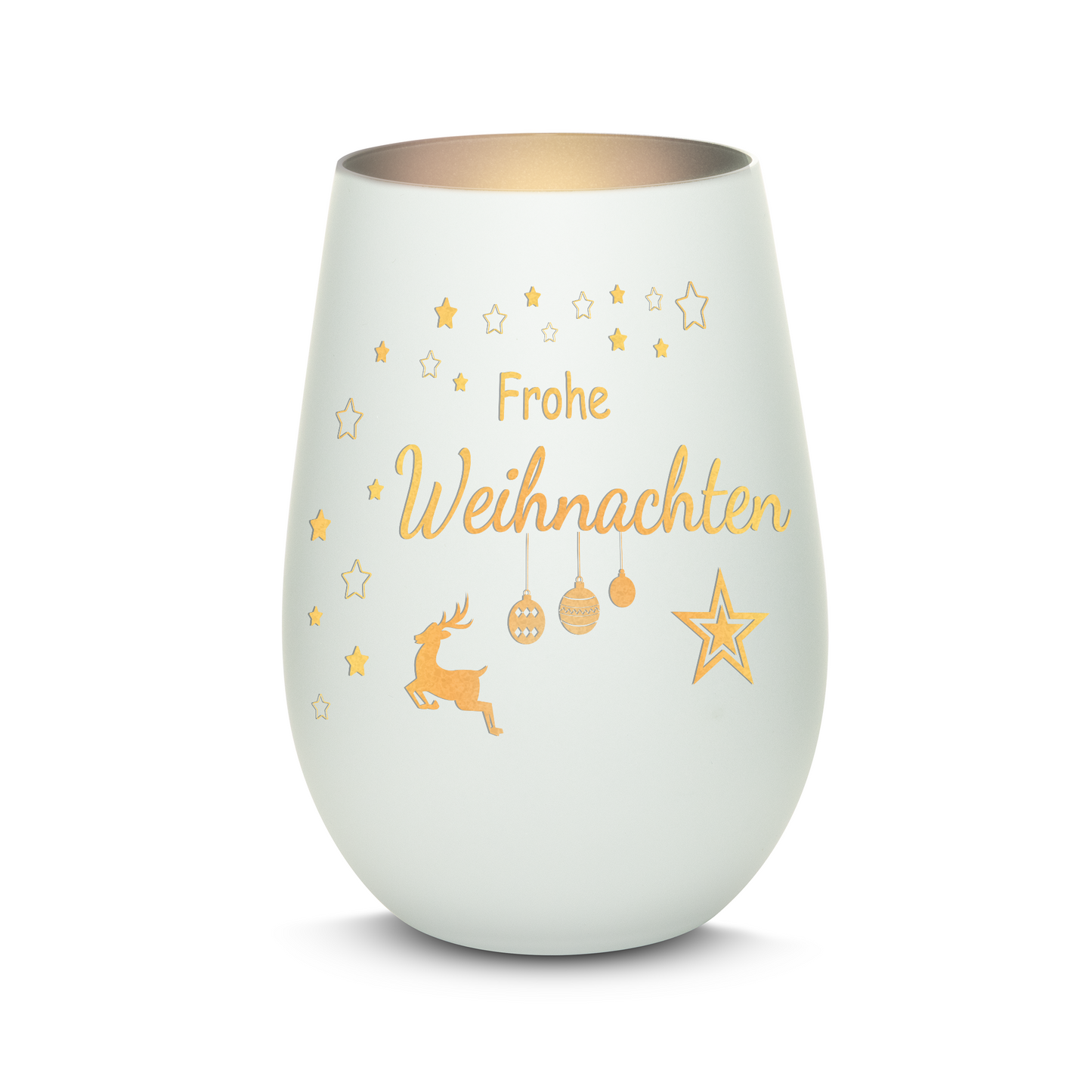 Hochwertiges Glas Windlicht mit Gravur "FROHE WEIHNACHTEN" in der Farbe Weiß/Silber