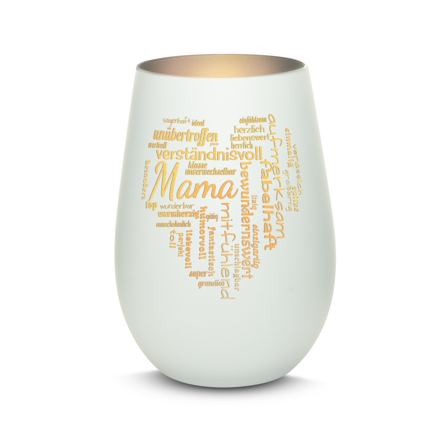 Hochwertiges Glas Windlicht mit Gravur "MAMA GROßES HERZ" in der Farbe Weiß/Silber