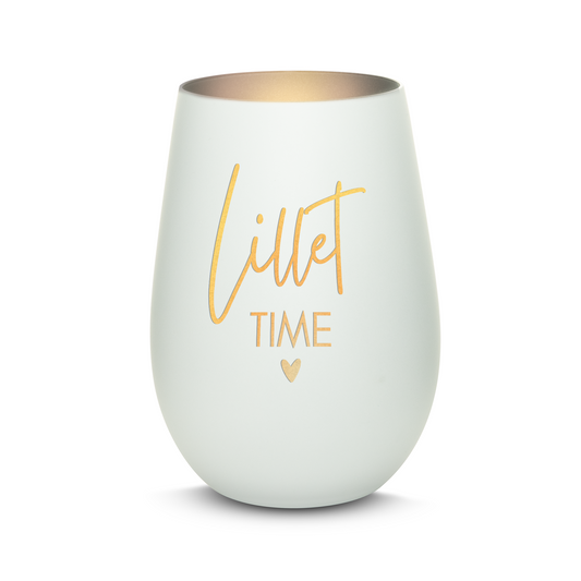 Hochwertiges Glas Windlicht mit Gravur "LILLET TIME" in der Farbe Weiß/Silber
