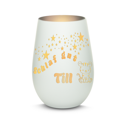 Hochwertiges Glas Windlicht für Kinder mit Gravur "SCHLAF GUT" Motiv Tiger mit Wunschname in der Farbe Weiß/Silber