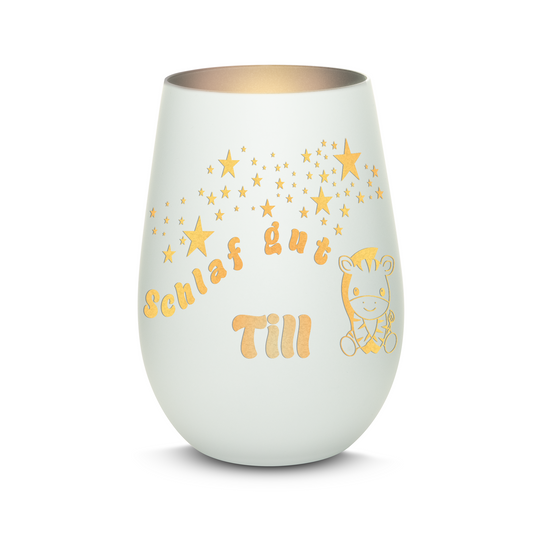 Hochwertiges Glas Windlicht für Kinder mit Gravur "SCHLAF GUT" Motiv Zebra mit Wunschname in der Farbe Weiß/Silber